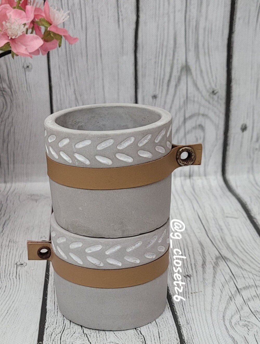 2 Desktop Concrete Planters with Tan Leather Straps